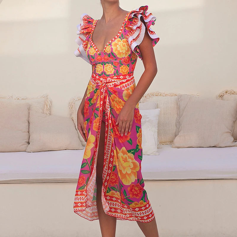 Women Print Ruffle One Piece Swimsuit Off The Shoulder Swimwear Women Sexy Swimsuit Deep-V Bathing Suits Beach Wear Swim Suit