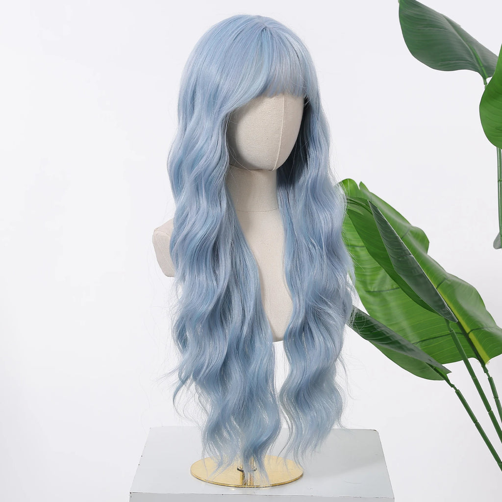 Allbell Magique Blue Hair Wig with Bangs Long Wavy Synthetic Wig Baby Blue Curly Wig for Women Daily Party Use Heat Resistant