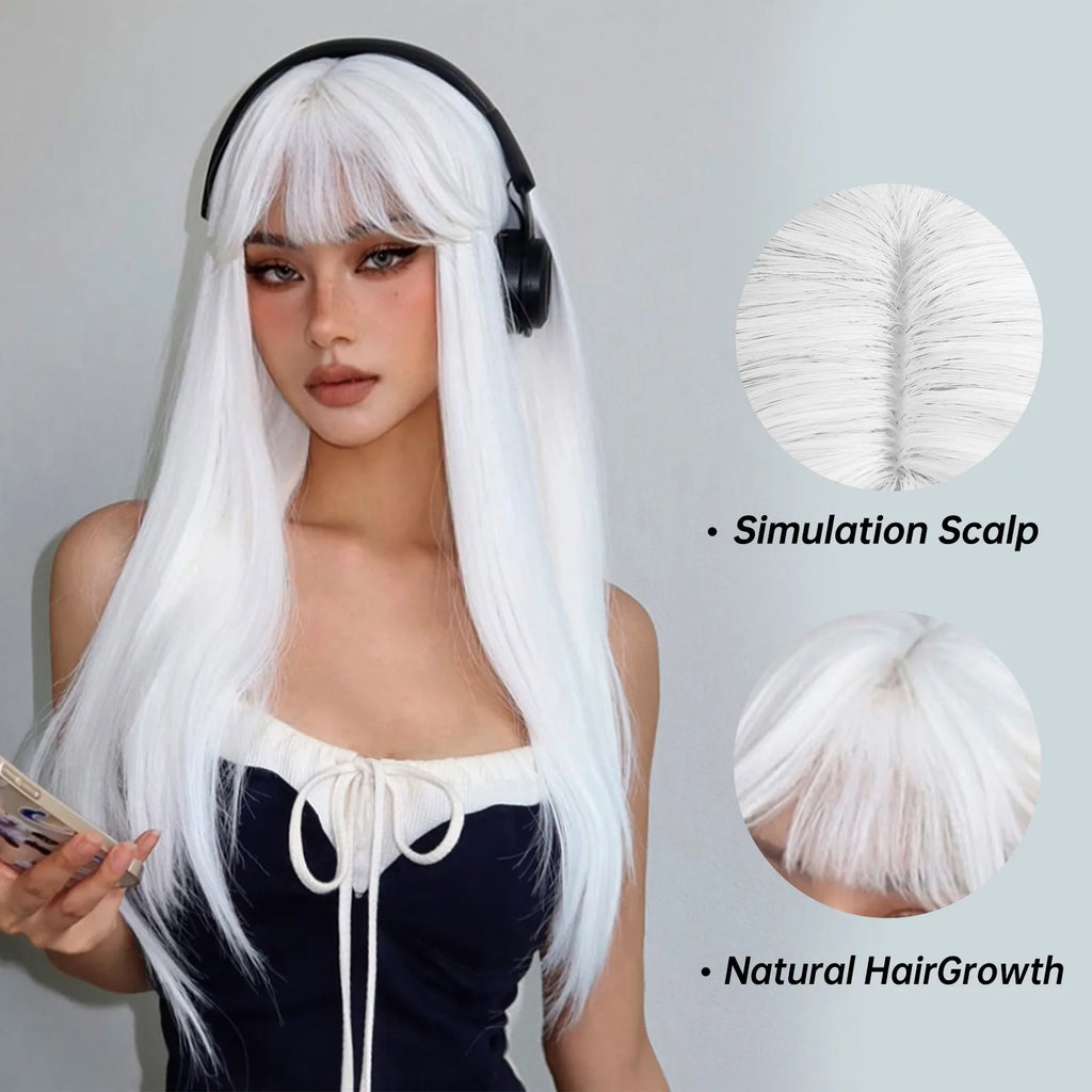 HENRY MARGU White Long Straight Synthetic Wigs for Women Colorful Cosplay Party Fake Hair with Bangs White Wig HighTemperature