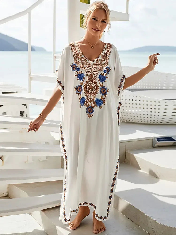 2024 Vintage Embroidery Kaftan Sexy V-neck Batwing Sleeve High Waist Maxi Dress Tunic Women Clothing Summer Beach Dresses Q660