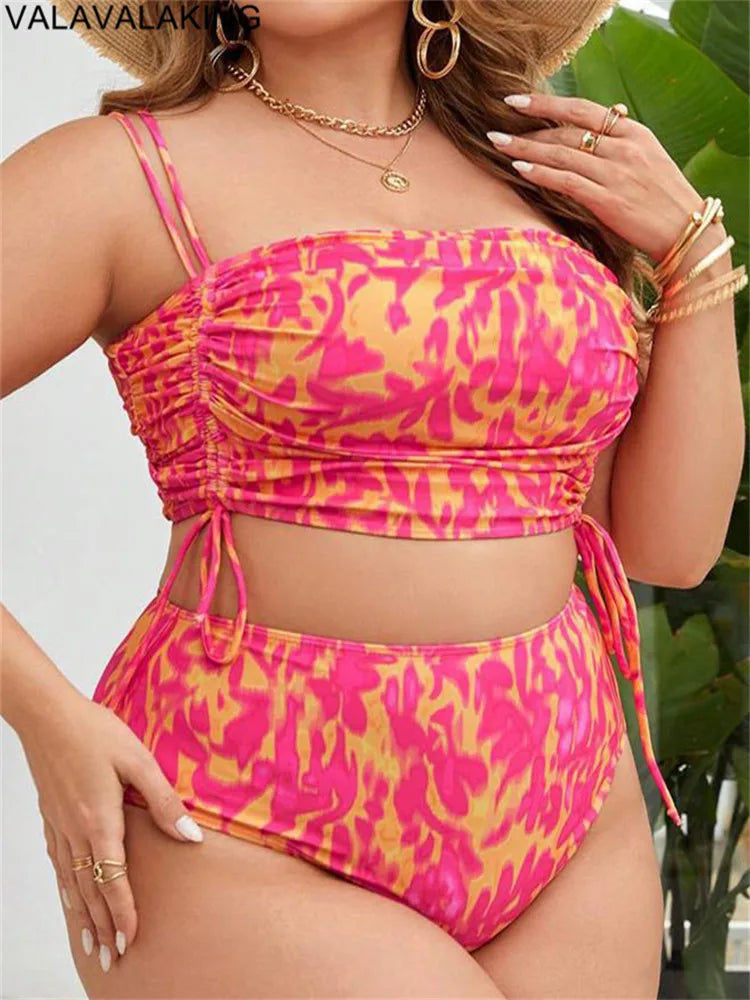2025 Print Two Piece Plus Size Bikini Women Strapped Large Swimsuit High Waist Lady Chubby Swimwear Beach Curvy Bathing Suit