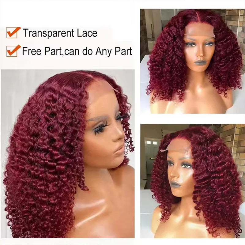 99J Colored Curly Deep Water Wave Lace Front Wig Burgundy Red Remy Short Cut Bob Frontal Human Hair Wigs Women Pre Plucked Wigs