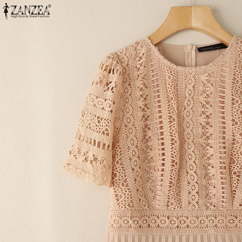 ZANZEA Elegant Summer Short Sleeve Pleated Party Sundress Fashion Women Lace Patchwork Dresses 2025 Stylish Work OL Vestidos