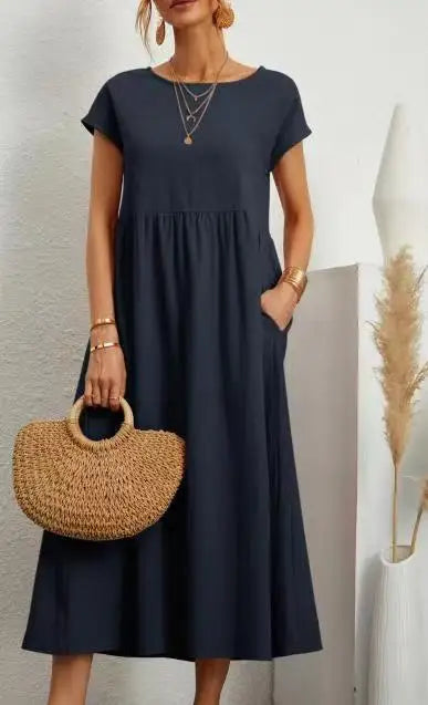 Women Vintage Solid Dress 2025 Summer Elegant O Neck Short Sleeve Cotton Linen Dresses Female Casual Loose Sundress Long Dress