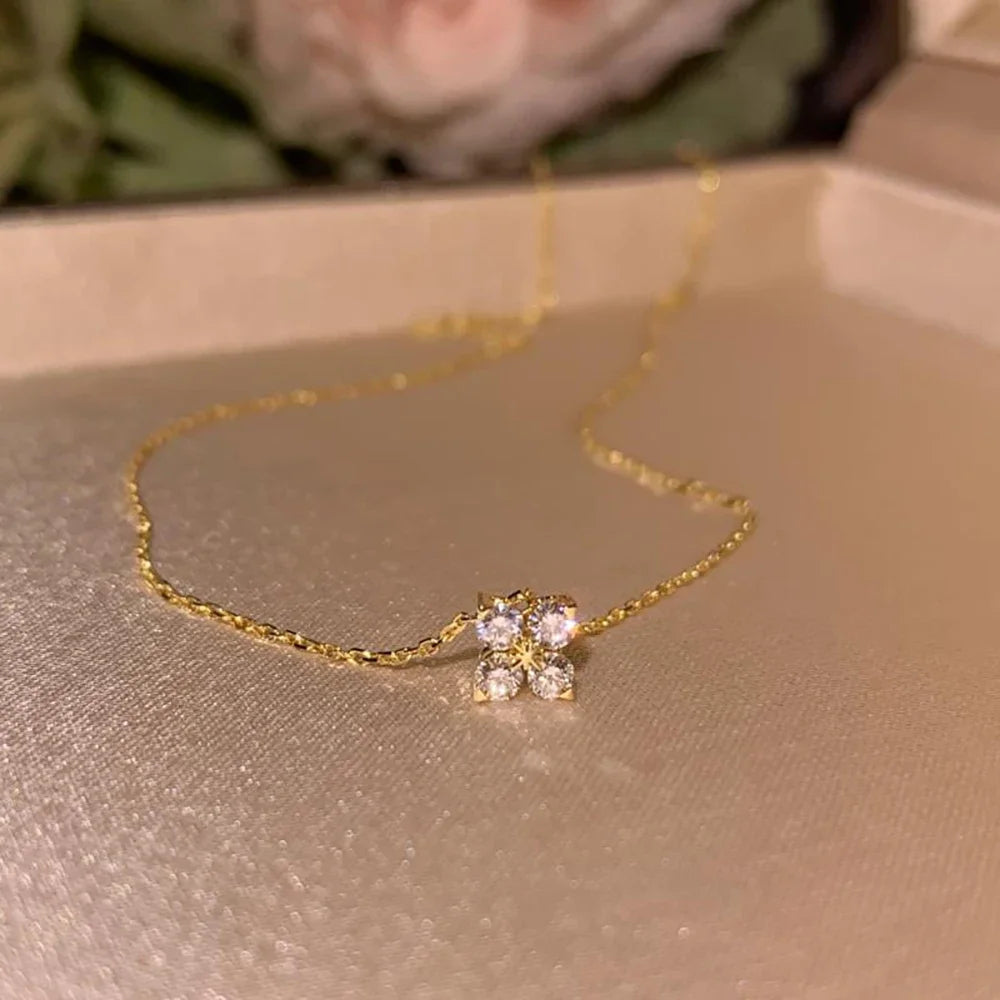 New Stainless Steel Zircon Necklaces for Women 18K Gold Plated Four Leaf Grass Collar Chain Necklace Luxury Jewelry Gift