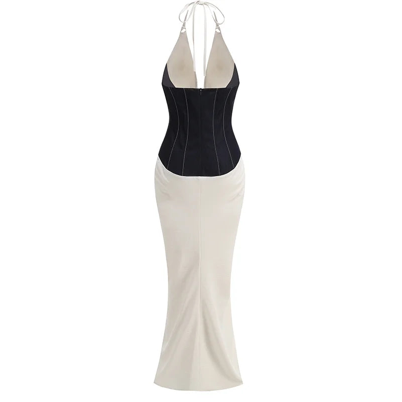 Celebrity Women's Photography Party Evening Gown Corset - style Top Backless Sexy Halter Neck Contrasting Color Long Dress