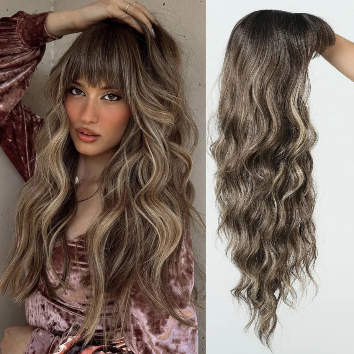 Allbell Magique Blue Hair Wig with Bangs Long Wavy Synthetic Wig Baby Blue Curly Wig for Women Daily Party Use Heat Resistant