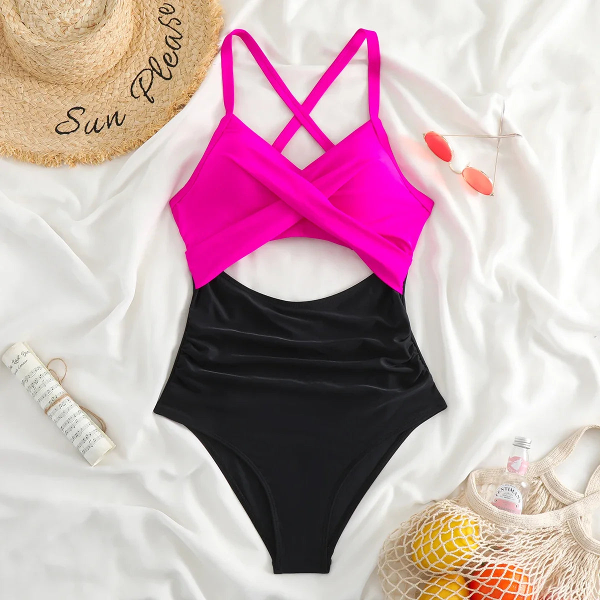 Sexy Hollow Cross Sling Swimwear Color Matching Backless Swimsuit One Piece Bikini Fashion Bathing Suits Swimming Suit For Women