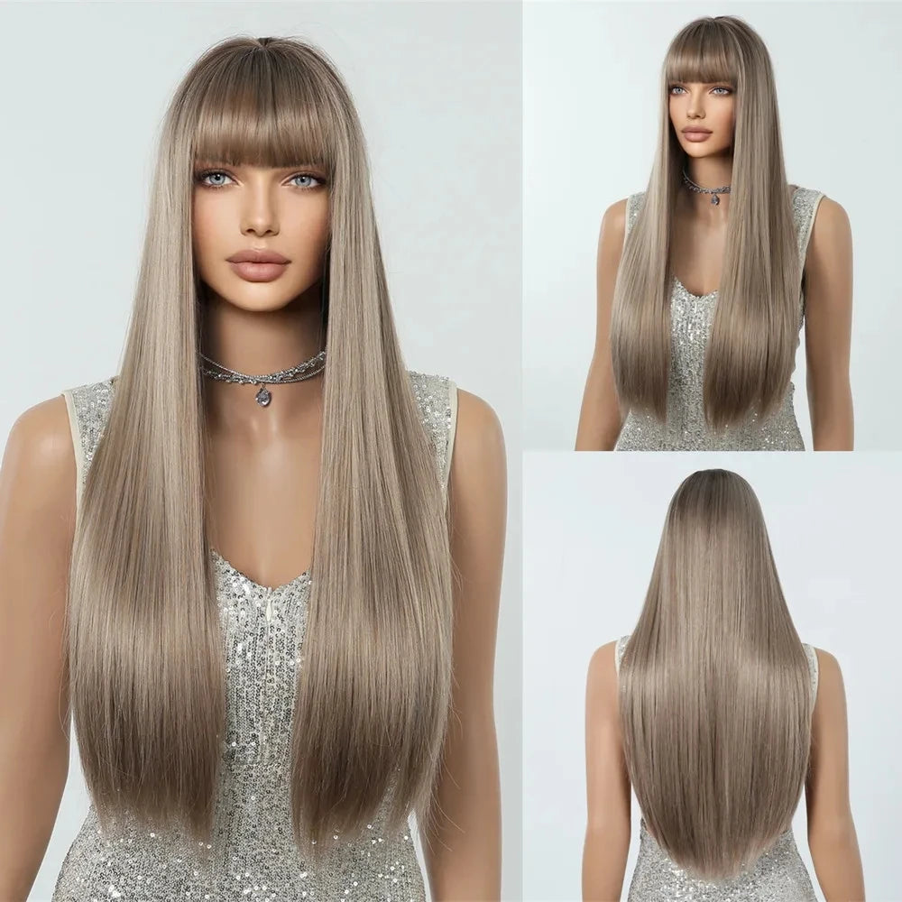 HENRY MARGU White Long Straight Synthetic Wigs for Women Colorful Cosplay Party Fake Hair with Bangs White Wig HighTemperature