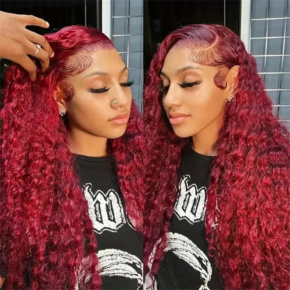 99J Burgundy 13x6 Hd Lace Frontal Human Hair Wig 30inch Red Colored Curly Wigs 13x4 Transparent Lace Water Deep Wave Frontal Wig