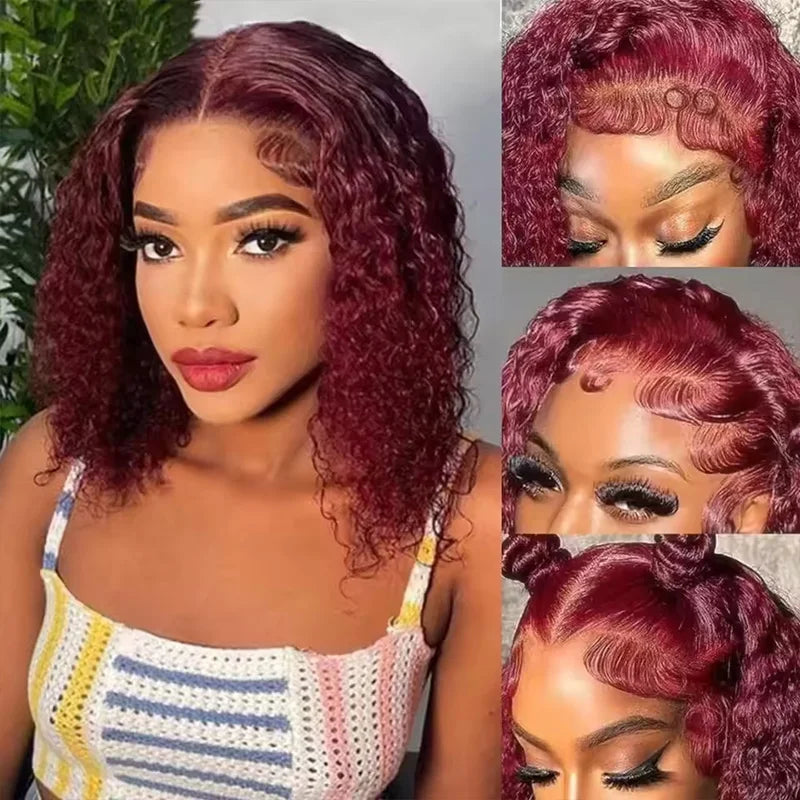 99J Colored Curly Deep Water Wave Lace Front Wig Burgundy Red Remy Short Cut Bob Frontal Human Hair Wigs Women Pre Plucked Wigs