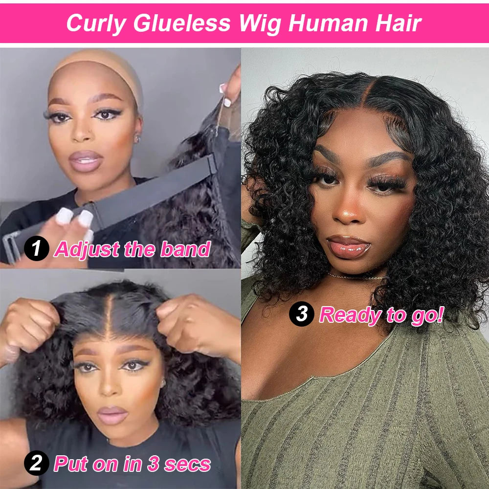 No Glue Deep Wave Lace Frontal Wigs For Women 13x4 7x5 Glueless Bob Wig Curly Human Hair Wigs 250 Density Ready to Wear