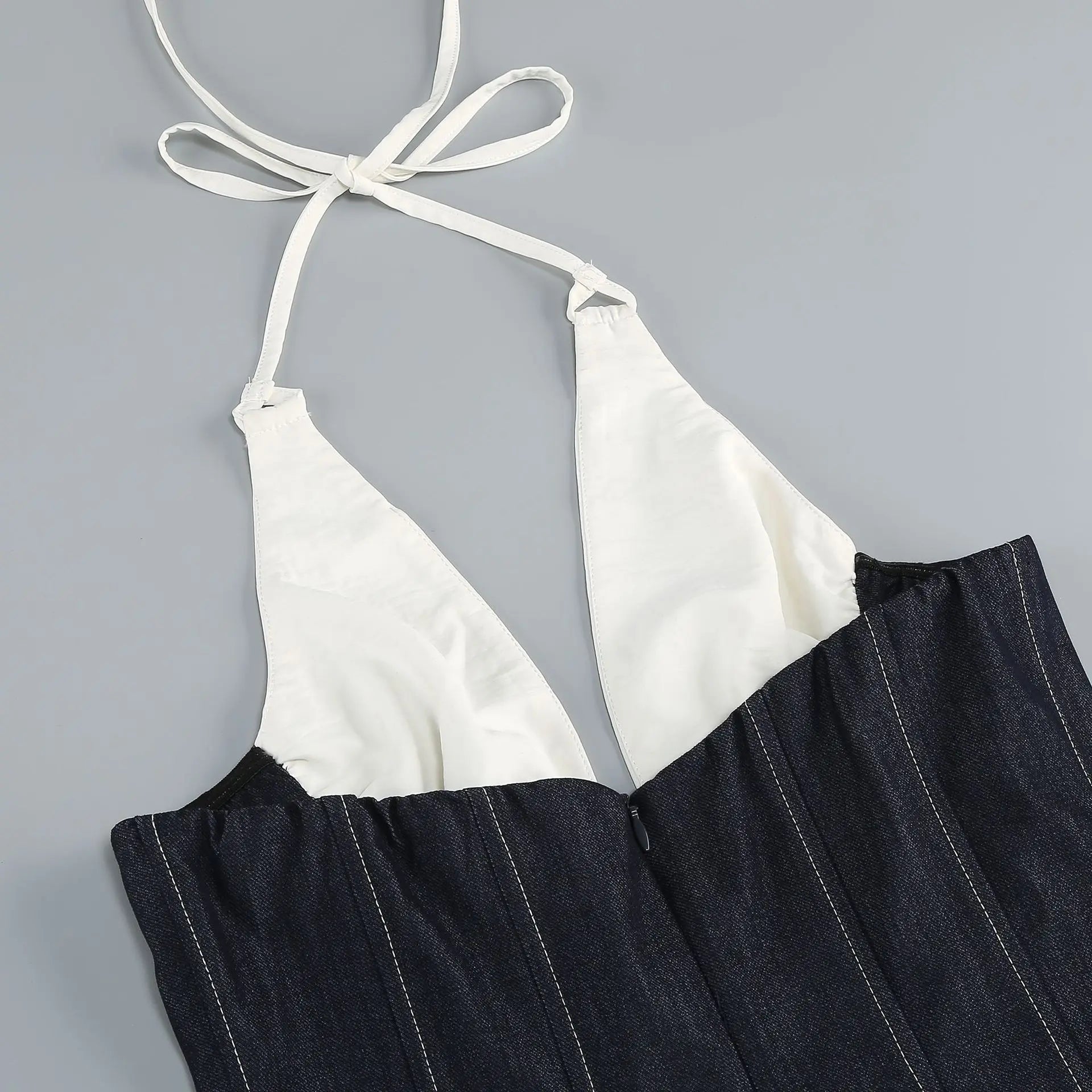 Celebrity Women's Photography Party Evening Gown Corset - style Top Backless Sexy Halter Neck Contrasting Color Long Dress