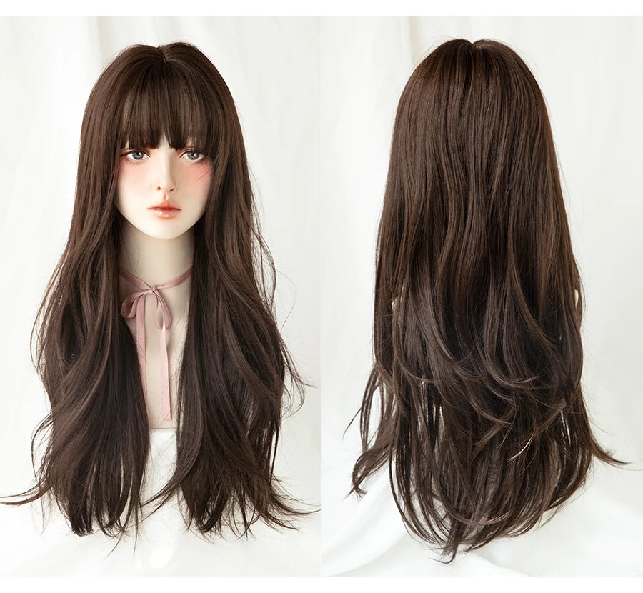7JHH WIGS Popular Brown Ash Long Deep Wave Hair Lolita Wigs With Bangs Synthetic Wig For Women Fashion Thick Curls Wigs Girl