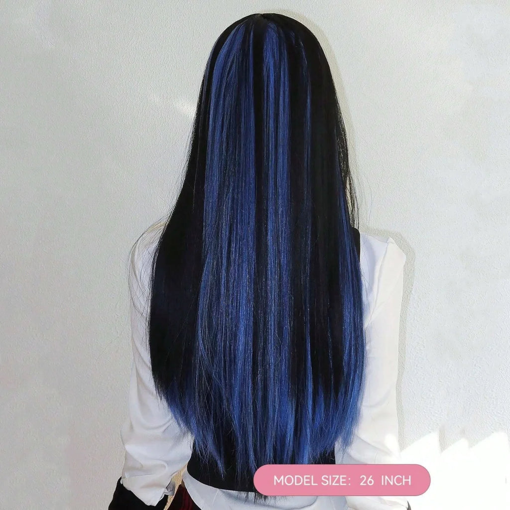 Allbell Magique Black Highlight Blue Synthetic Wig Long Straight Wig with Bangs Black And Blue Wig For Women Cosplay Party Use