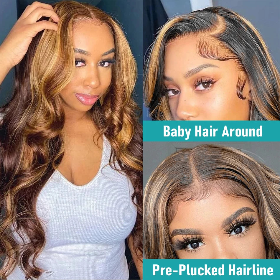 13x6 Highlight Lace Frontal Wig Human Hair Body Wave Ombre Colored Honey Blonde Lace Front Human Hair Wigs For Women Pre Plucked
