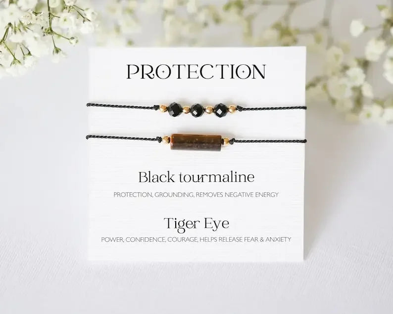 Protection Bracelet Set, Black Tourmaline and Tiger Eye Stone Fine Handmade Silk Bracelet, Energy Shield, Protection Amulet