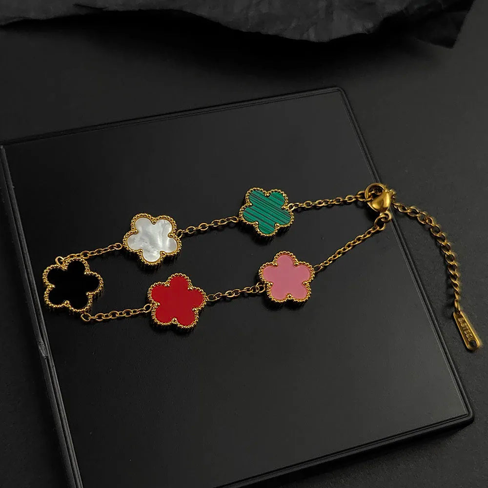 Mussel five-leaf plum blossom stainless steel women's exquisite chain bracelet, 18K gold plated, light luxury, lucky jewelry