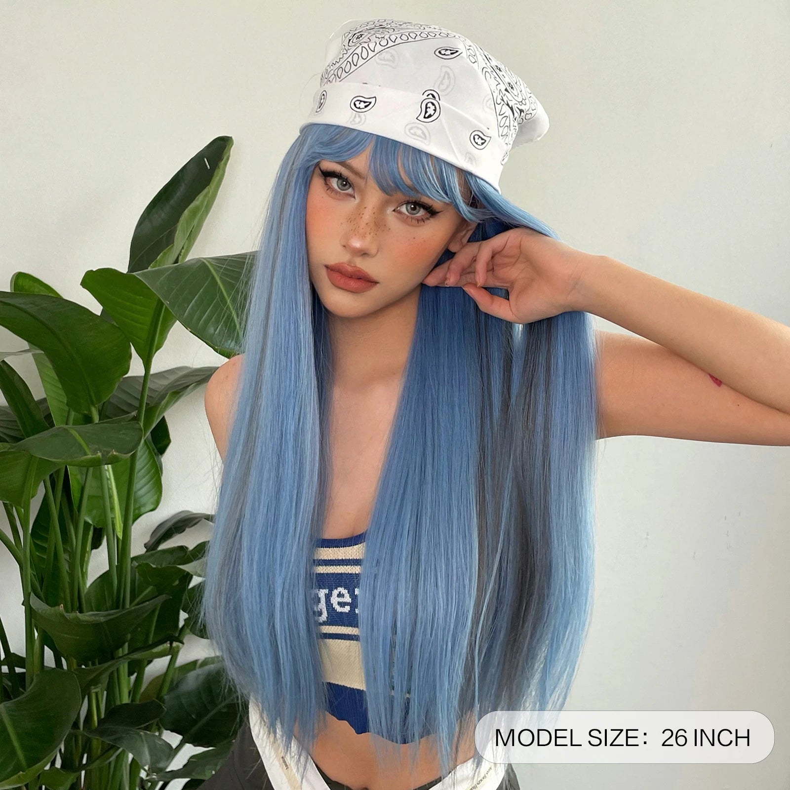 Blue with Grey Highlight Long Straight Synthetic Wigs with Bangs Cosplay Hairs Wig for Women Daily Natural Heat Resistant