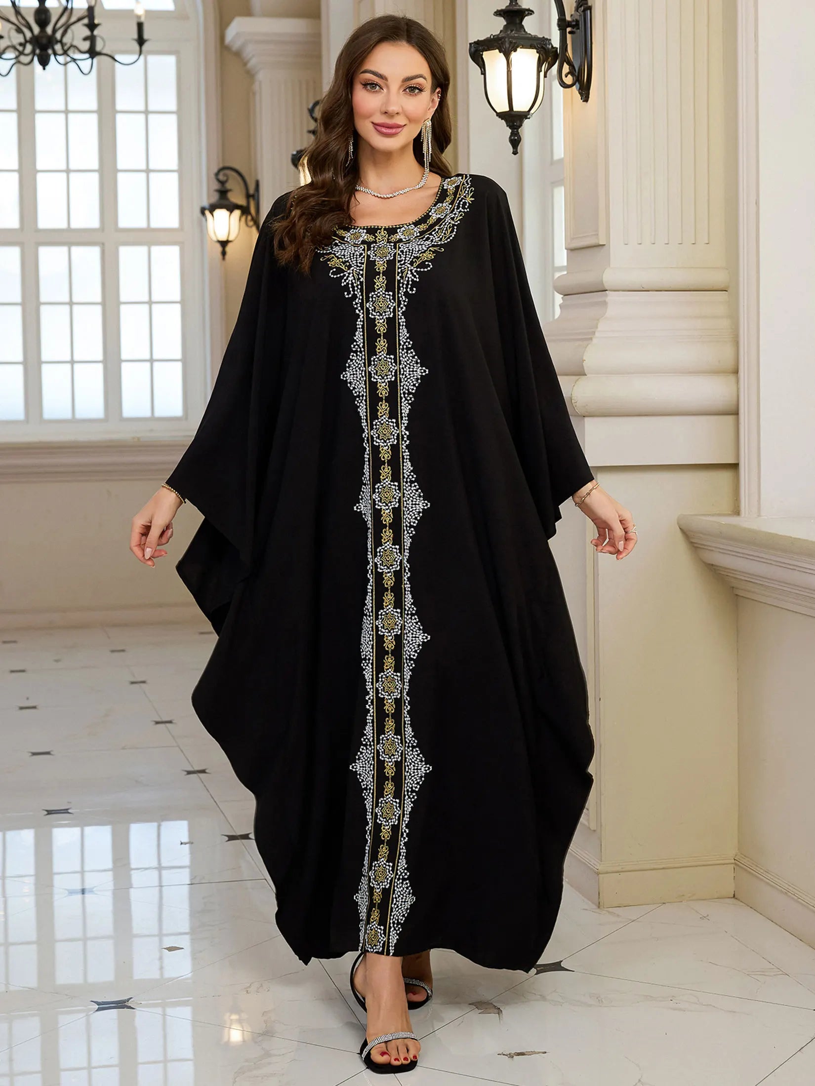 2024 Vintage Embroidery Kaftan Sexy V-neck Batwing Sleeve High Waist Maxi Dress Tunic Women Clothing Summer Beach Dresses Q660