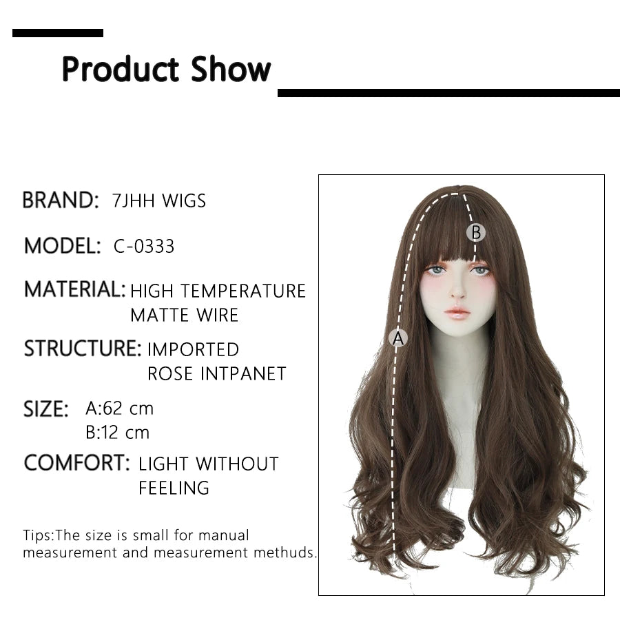7JHH WIGS Popular Brown Ash Long Deep Wave Hair Lolita Wigs With Bangs Synthetic Wig For Women Fashion Thick Curls Wigs Girl