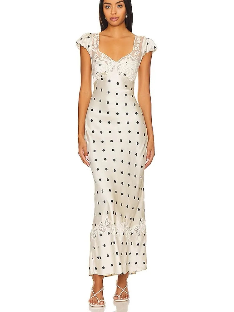 Absobe French Lace Patchwork Satin Polka Dot A-Line Maxi Dress For Women Elegant Backless Long Gown Chic Birthday Party Outfit