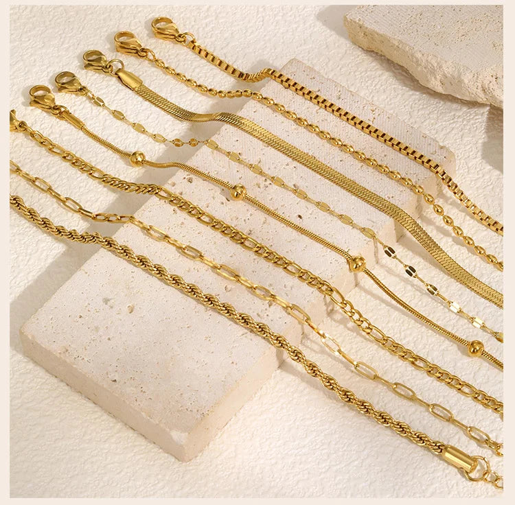 Non Tarnish Stainless Steel Bracelet Stackable for Women, Thin Herribone Chain Bracelet Waterproof Gold Plated Jewelry