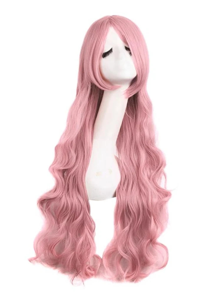 Pink Wigs with Bangs Long Wavy Pink Wigs for Women Synthetic Natural Wavy Wig Heat Resistant Colorful Wigs for Daily Party Cospl
