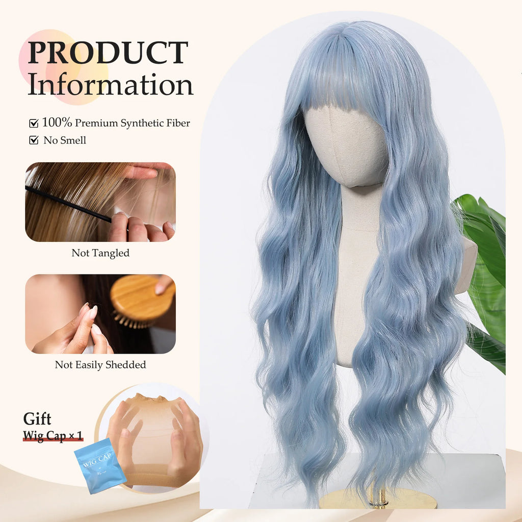 Allbell Magique Blue Hair Wig with Bangs Long Wavy Synthetic Wig Baby Blue Curly Wig for Women Daily Party Use Heat Resistant