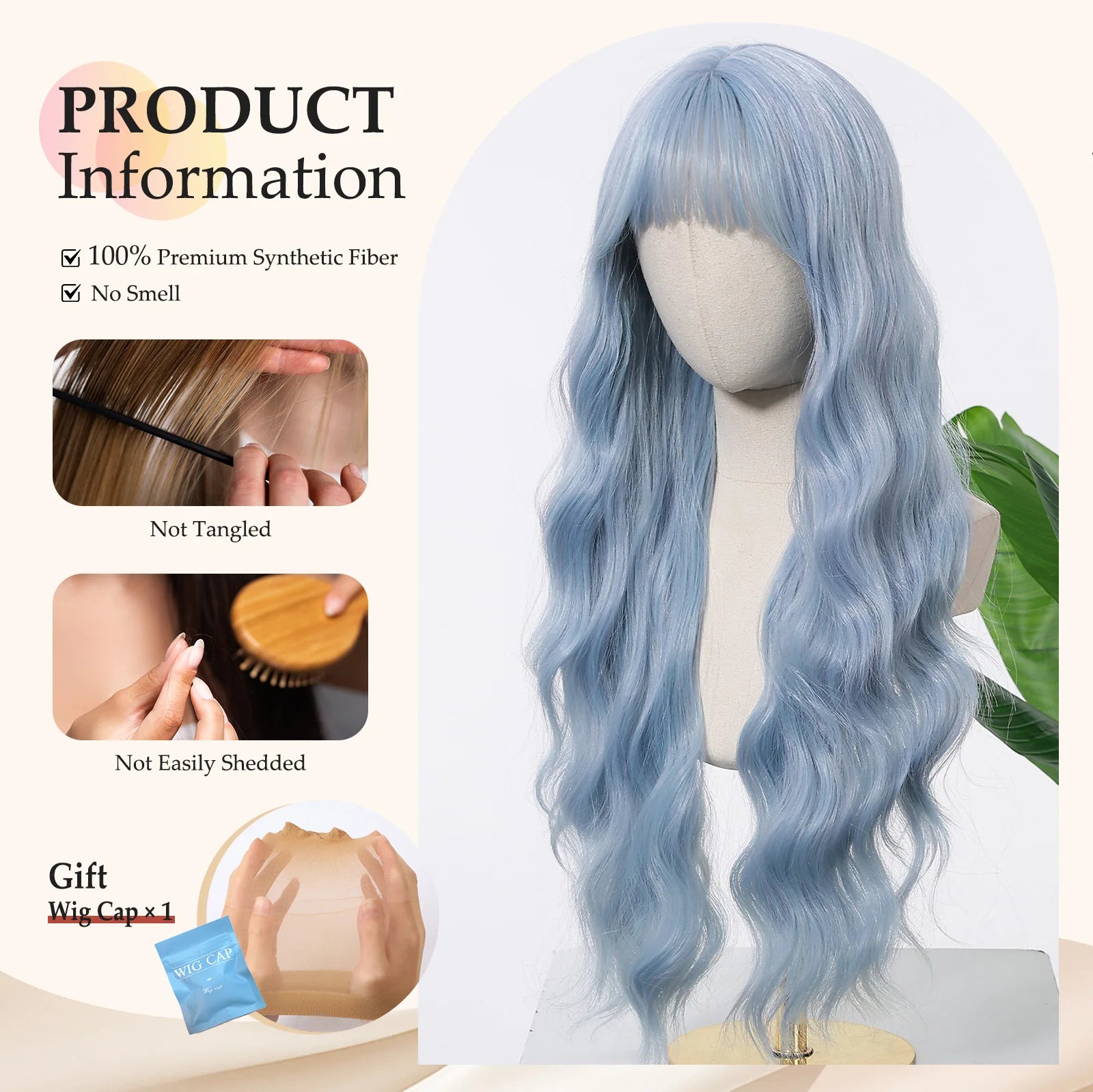 Allbell Magique Blue Hair Wig with Bangs Long Wavy Synthetic Wig Baby Blue Curly Wig for Women Daily Party Use Heat Resistant