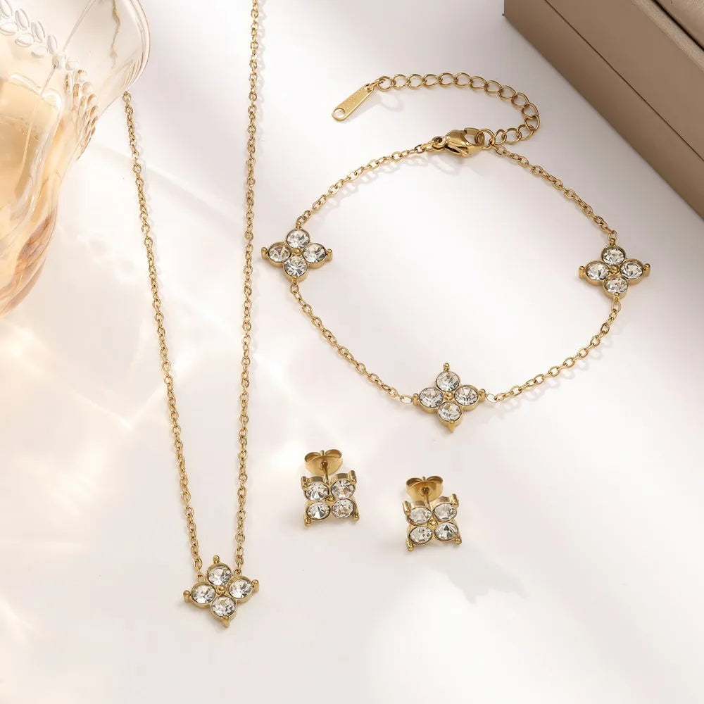 Lucky Four-Petal Flower Inlaid Rhinestone Stainless Steel Bracelet Necklace Earrings For Women Luxury Wedding Party Jewelry Sets