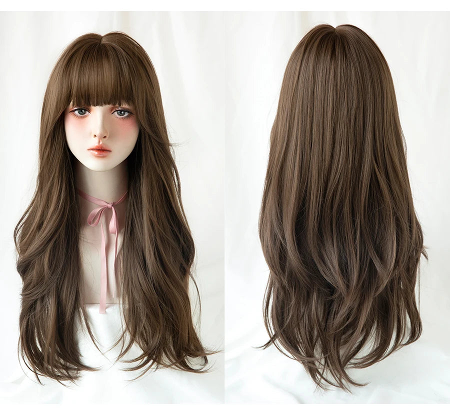 7JHH WIGS Popular Brown Ash Long Deep Wave Hair Lolita Wigs With Bangs Synthetic Wig For Women Fashion Thick Curls Wigs Girl