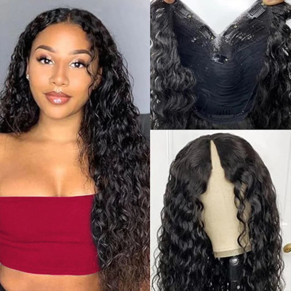 V Part Curly Wig Human Hair No Leave Out No Glue Brazilian Deep Curly Wave Human Hair Wigs for Women 220% Density