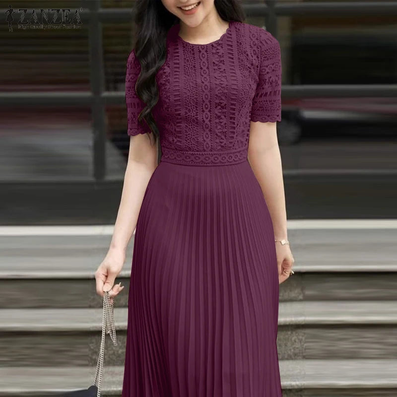 ZANZEA Elegant Summer Short Sleeve Pleated Party Sundress Fashion Women Lace Patchwork Dresses 2025 Stylish Work OL Vestidos