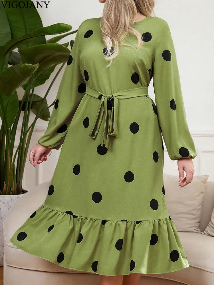 Vigojany 2025 Spring Ruffle Dot Print Plus Size Dress Autumn Long Sleeve Large Big Dress Casual O Neck Chubby Curvy Dresses