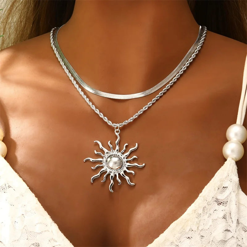 Exaggerated Big Sun Pendant Necklace for Women Trendy Double Layer Snake Bone Chain Necklace Summer Jewelry Accessories