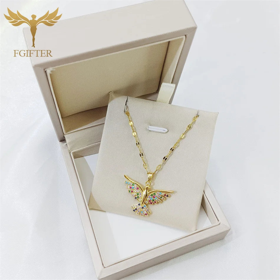 Luxury Graces Colored Phoenix Zircon Copper Pendant Necklaces Stainless Steel Chain High Grade Bird Choker Women's Party Jewelry