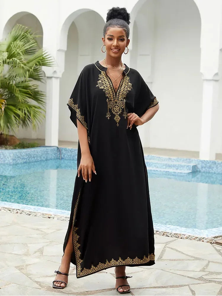 2024 Vintage Embroidery Kaftan Sexy V-neck Batwing Sleeve High Waist Maxi Dress Tunic Women Clothing Summer Beach Dresses Q660