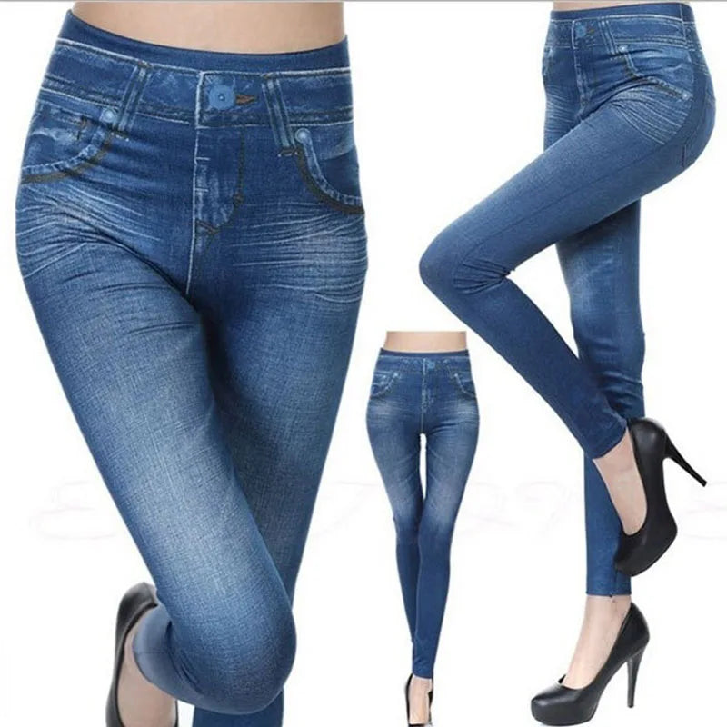 1pcs Women's Denim Print Leggings Females Fashion Slim Leggings Faux Jeans Leggings Lady Stretch Printed Tights Black Blue Pants