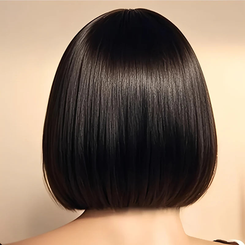 12-inch straight black bob, synthetic high-temperature silk wig with 150% density, heat-resistant and heat-resistant, for