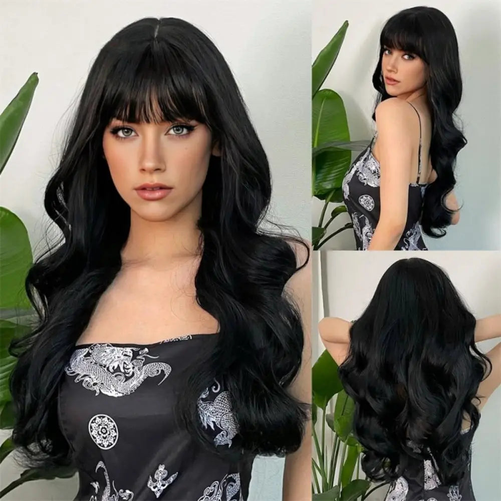 Orange Synthetic Wig Fashion Women Natural Air Bangs Big Waves Long Curly Hair Daily Party Use Full Head Cover