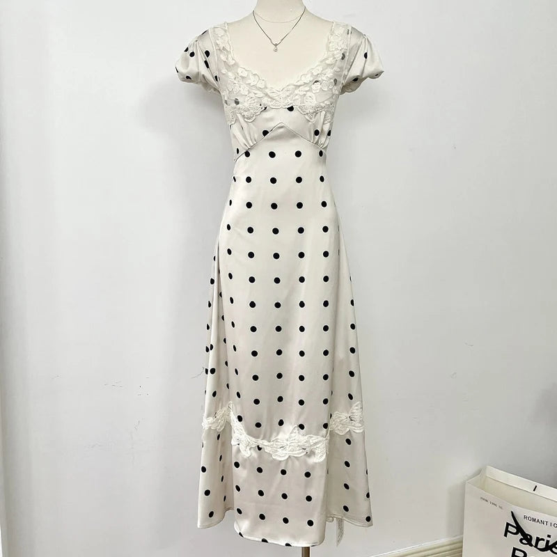 Absobe French Lace Patchwork Satin Polka Dot A-Line Maxi Dress For Women Elegant Backless Long Gown Chic Birthday Party Outfit