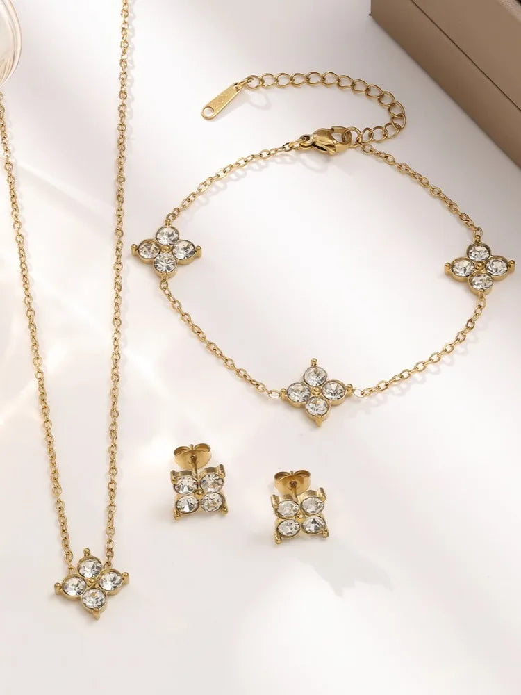 Lucky Four-Petal Flower Inlaid Rhinestone Stainless Steel Bracelet Necklace Earrings For Women Luxury Wedding Party Jewelry Sets