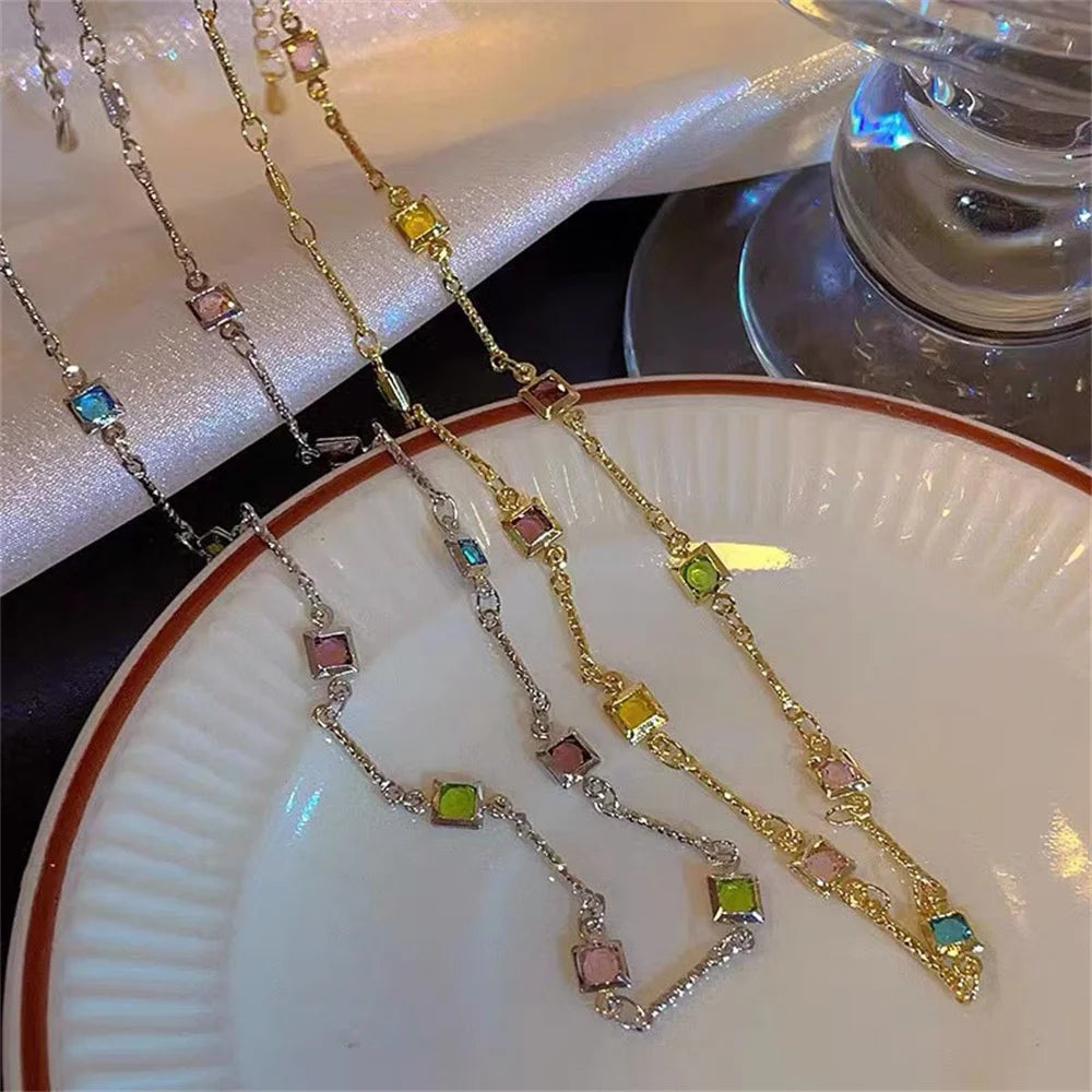 Rainbow Crystal Gemstone Retro Choker Colored Zircon Necklace For Women Simple Clavicle Chain Jewelry Fashion Wear Accessories