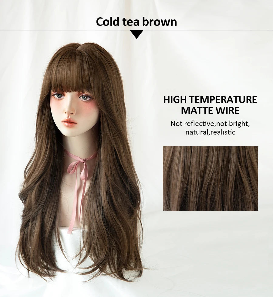 7JHH WIGS Popular Brown Ash Long Deep Wave Hair Lolita Wigs With Bangs Synthetic Wig For Women Fashion Thick Curls Wigs Girl