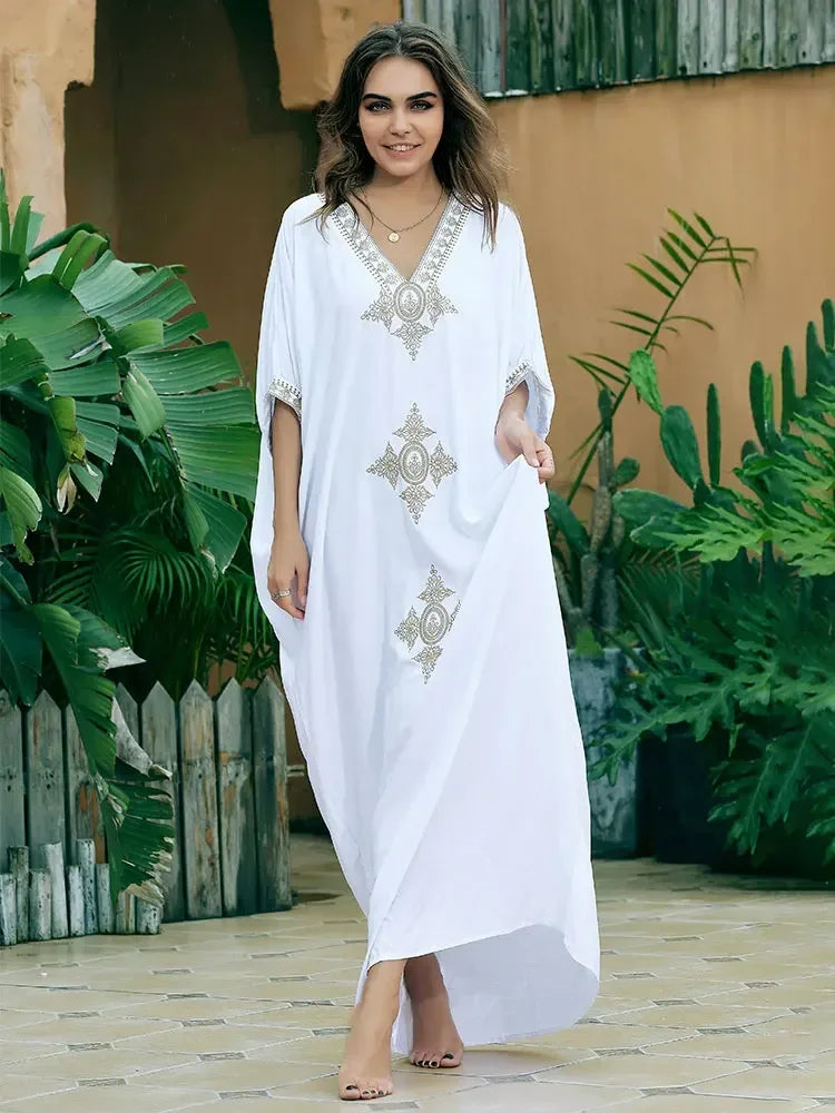 2024 Vintage Embroidery Kaftan Sexy V-neck Batwing Sleeve High Waist Maxi Dress Tunic Women Clothing Summer Beach Dresses Q660