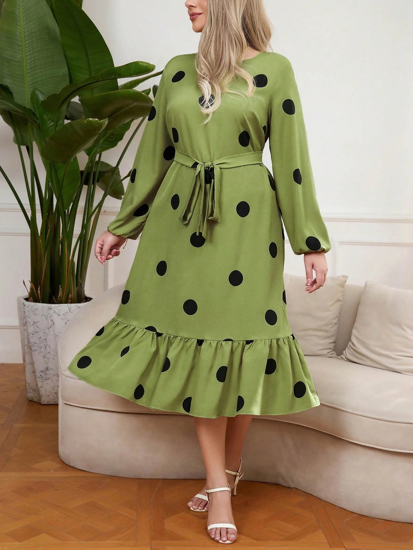 Vigojany 2025 Spring Ruffle Dot Print Plus Size Dress Autumn Long Sleeve Large Big Dress Casual O Neck Chubby Curvy Dresses