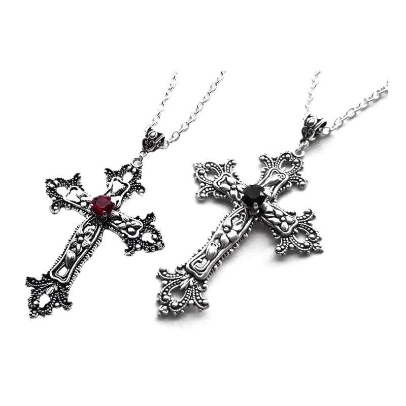 Large Detailed Cross Drill Pendant Necklace Silver Color Tone Gothic Punk Jewellery Fashion Charm Statement Women Gift