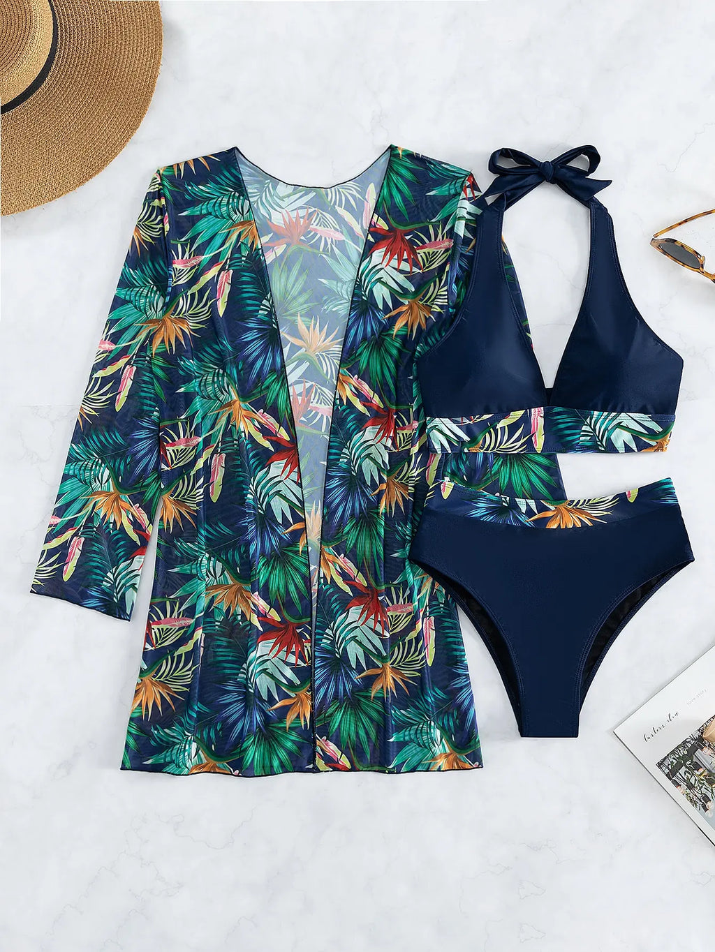 Halter Print Bikini Sets 3PCS Women Swimsuit With Kimono High Waist Swimwear Female Bathers Bathing Swimming Swim Suit Beachwear