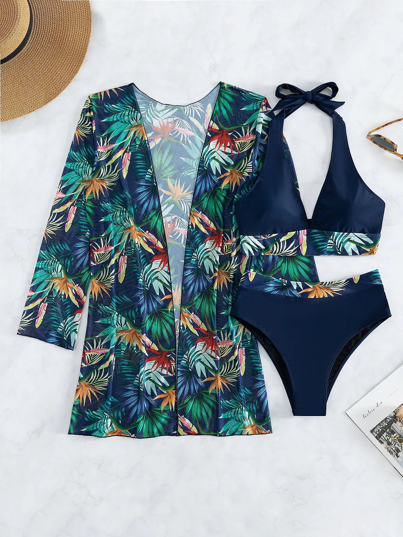 Halter Print Bikini Sets 3PCS Women Swimsuit With Kimono High Waist Swimwear Female Bathers Bathing Swimming Swim Suit Beachwear